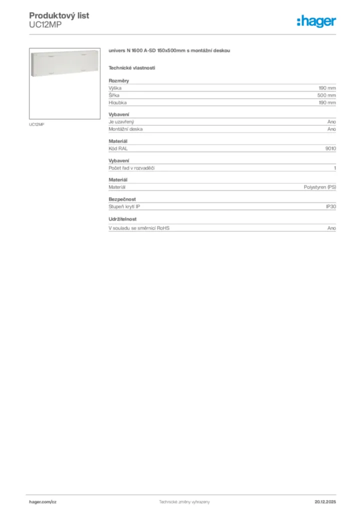 Obrázek Hager Produktový list UC12MP | Hager