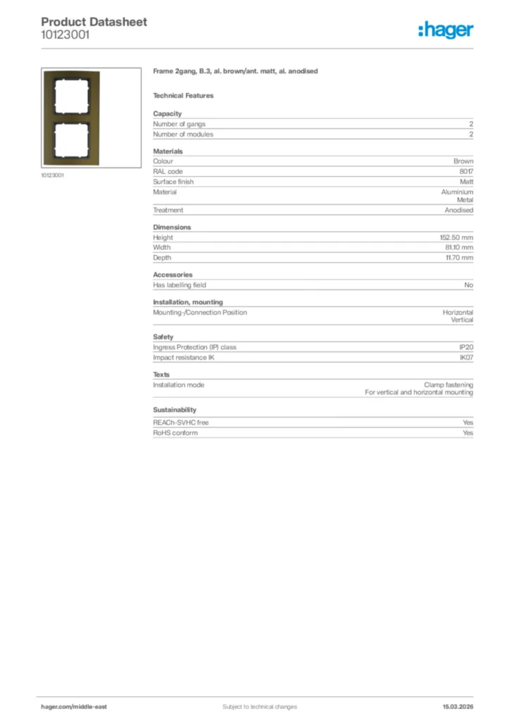 Image Hager Product data sheet 10123001  | Hager