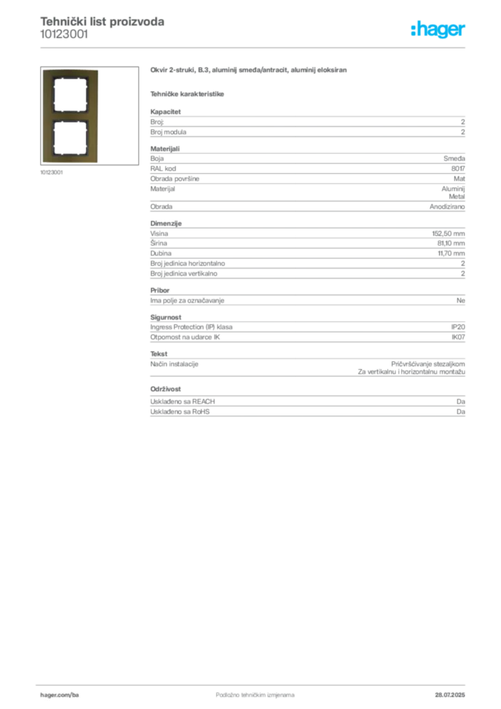 Slika Hager Product data sheet 10123001  | Hager