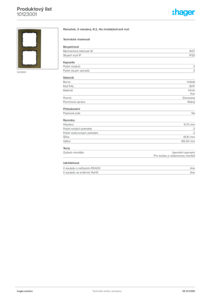 Obrázek Hager Produktový list 10123001 | Hager