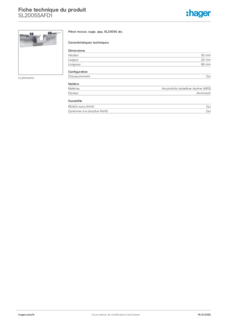 Image Hager Fiche technique du produit SL20055AFD1 | Hager France