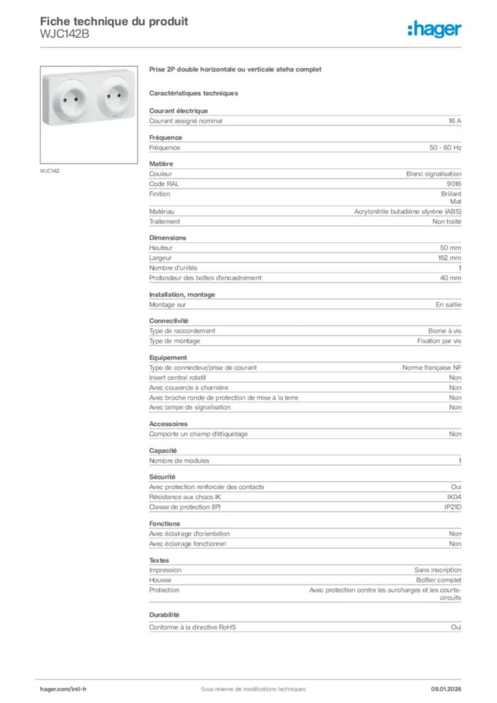 Image Hager Fiche technique du produit WJC142B | Hager Afrique