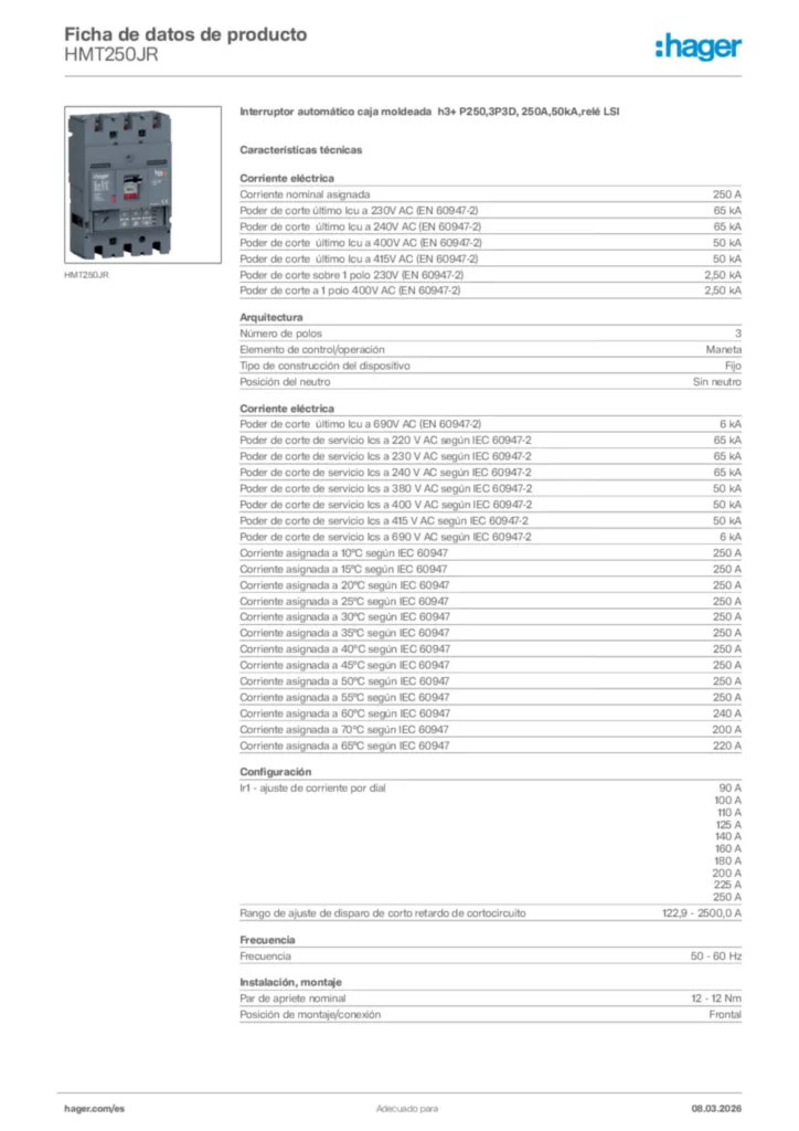 Imagen Hager Ficha de datos de producto HMT250JR | Hager España