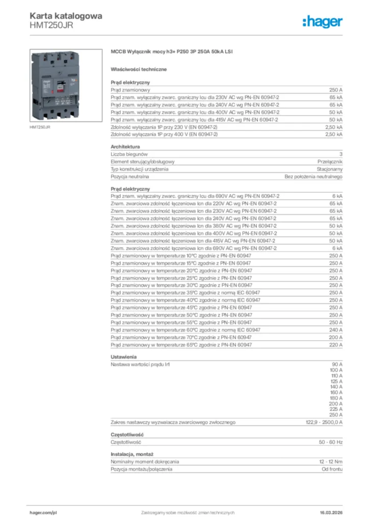 Zdjęcie Hager Karta katalogowa HMT250JR | Hager Polska