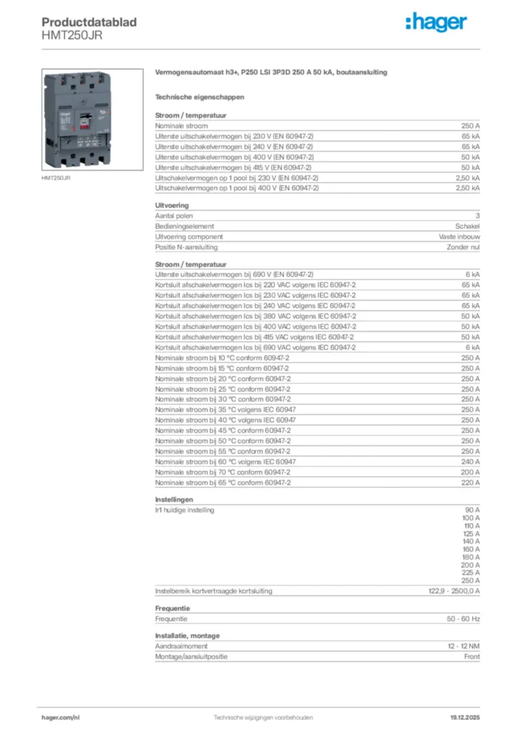 Afbeelding Hager Productdatablad HMT250JR | Hager Nederland