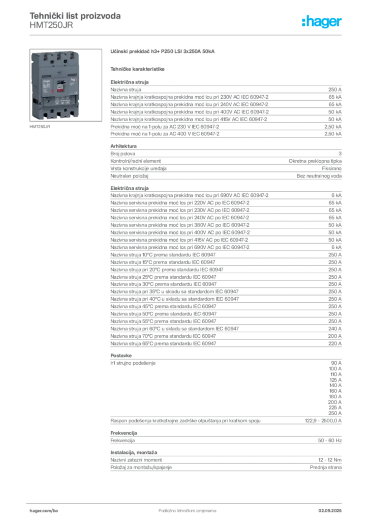 Slika Hager Tehnički list proizvoda HMT250JR  | Hager