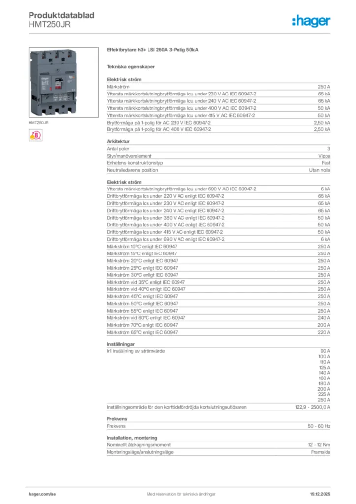 Bild Hager Produktdatablad HMT250JR | Hager Sverige