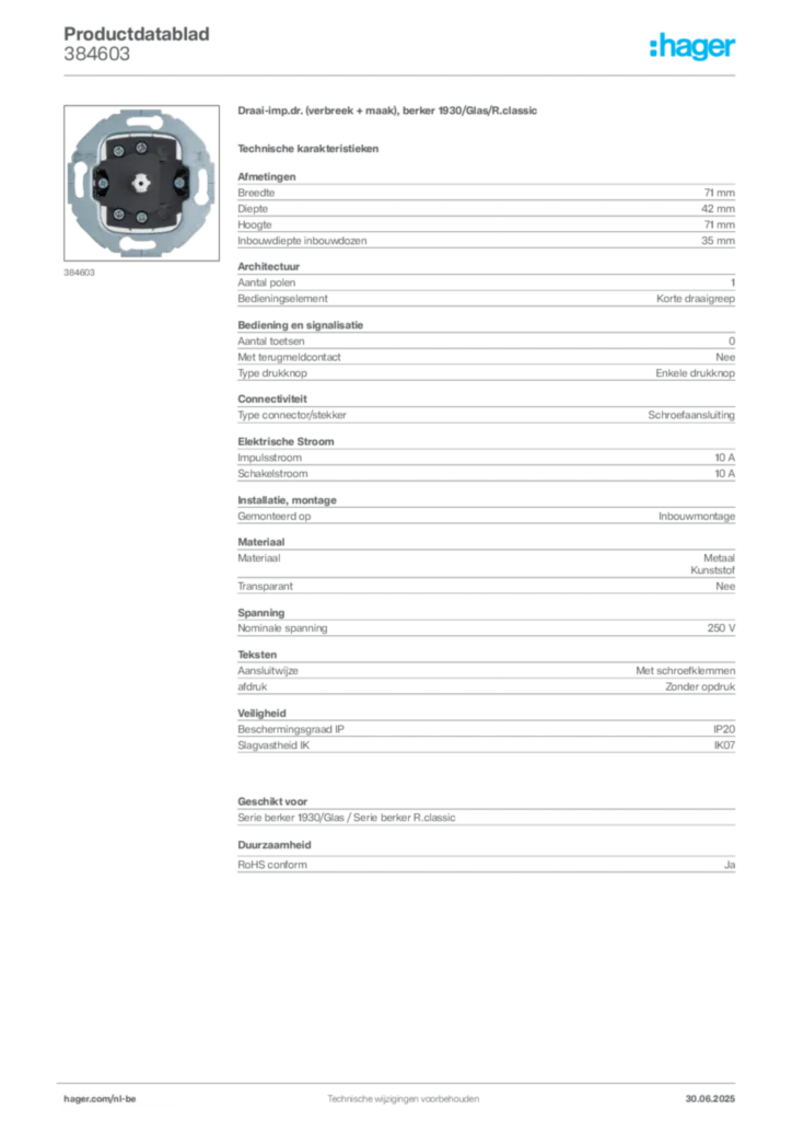 Afbeelding Hager Productdatablad 384603 | Hager Belgium