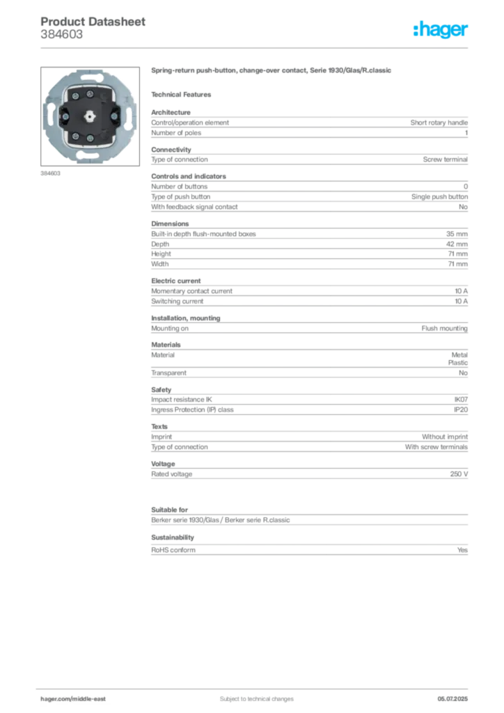Image Hager Product data sheet 384603  | Hager