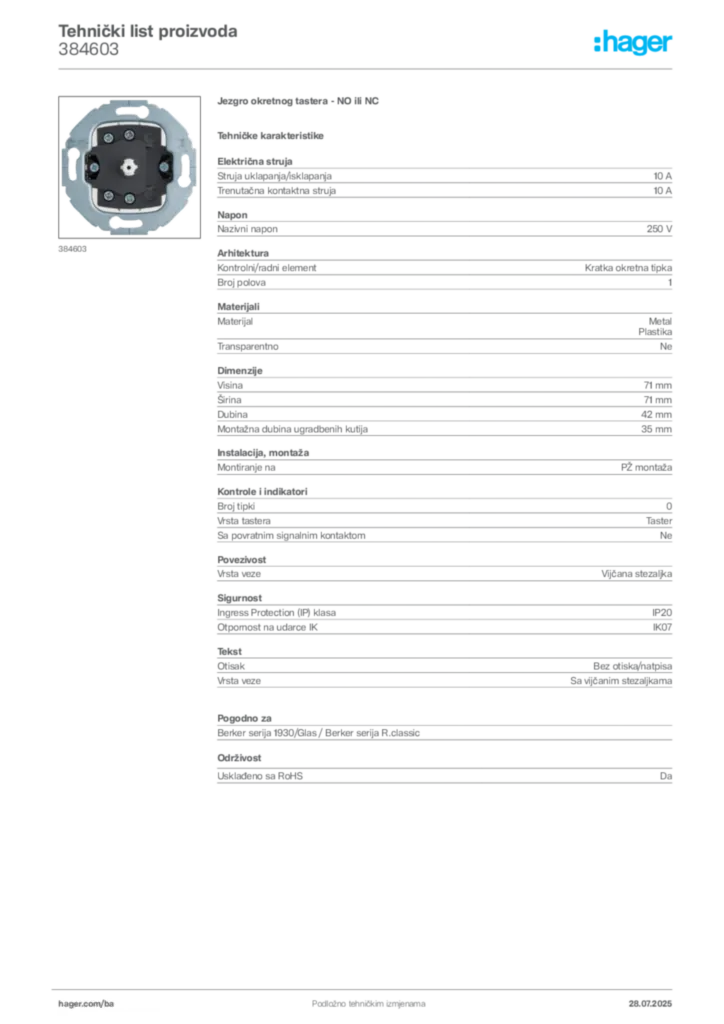Slika Hager Product data sheet 384603  | Hager