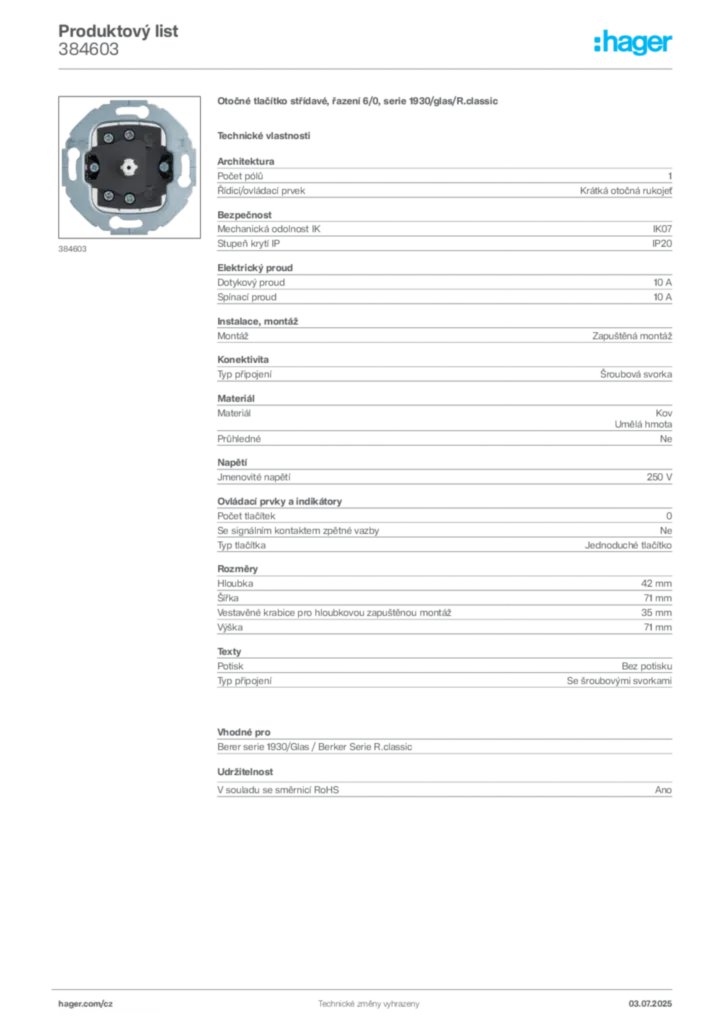 Obrázek Hager Produktový list 384603 | Hager