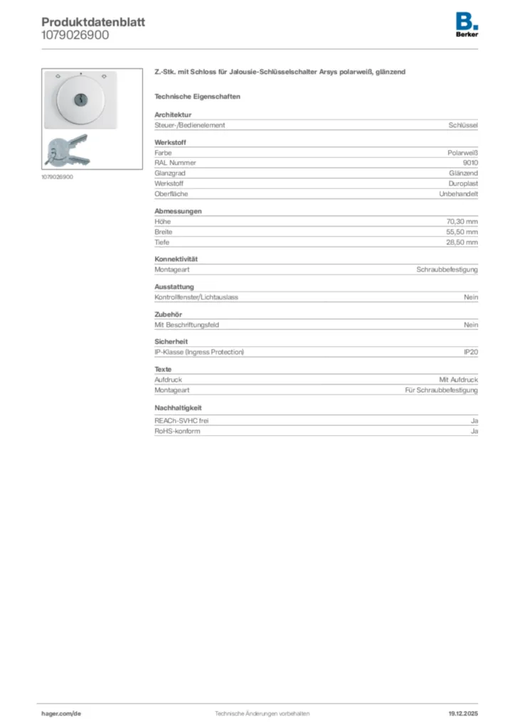Bild Berker Produktdatenblatt 1079026900 | Hager Deutschland
