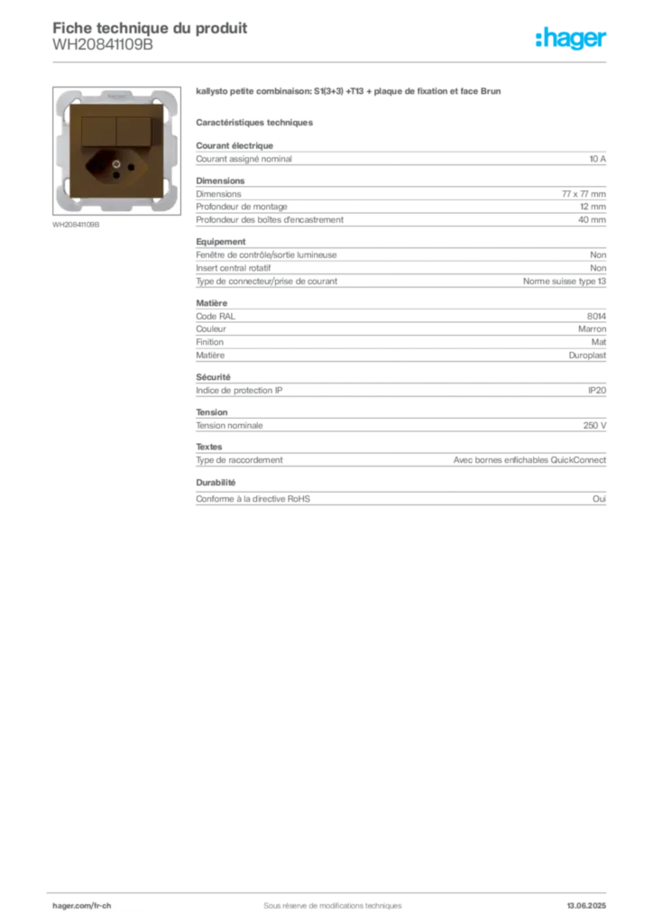 Image Hager Fiche technique du produit WH20841109B | Hager Suisse