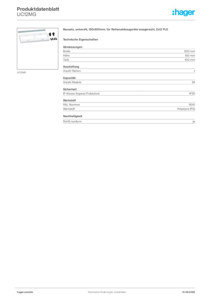 Hager Produktdatenblatt UC12MG