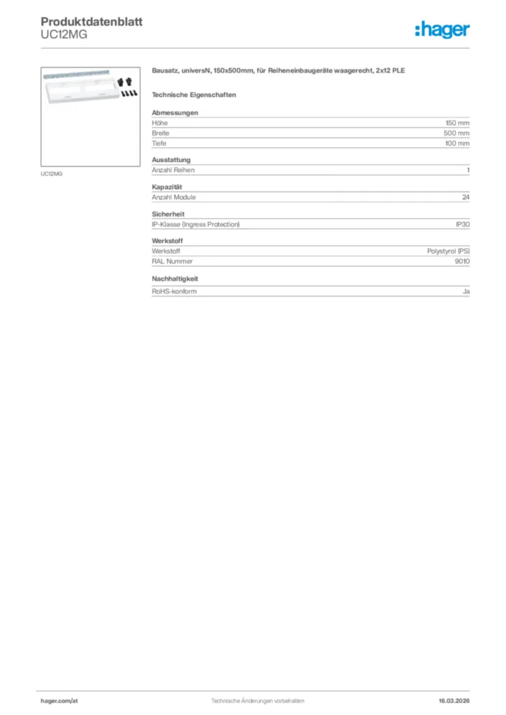 Bild Hager Produktdatenblatt UC12MG | Hager Deutschland