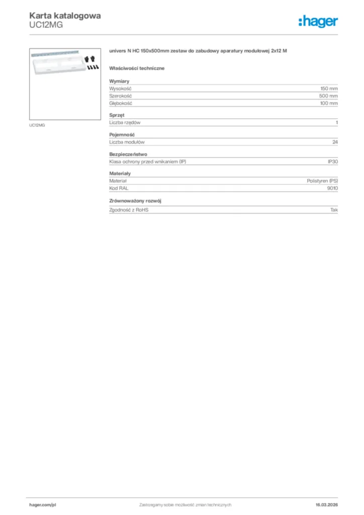 Zdjęcie Hager Karta katalogowa UC12MG | Hager Polska
