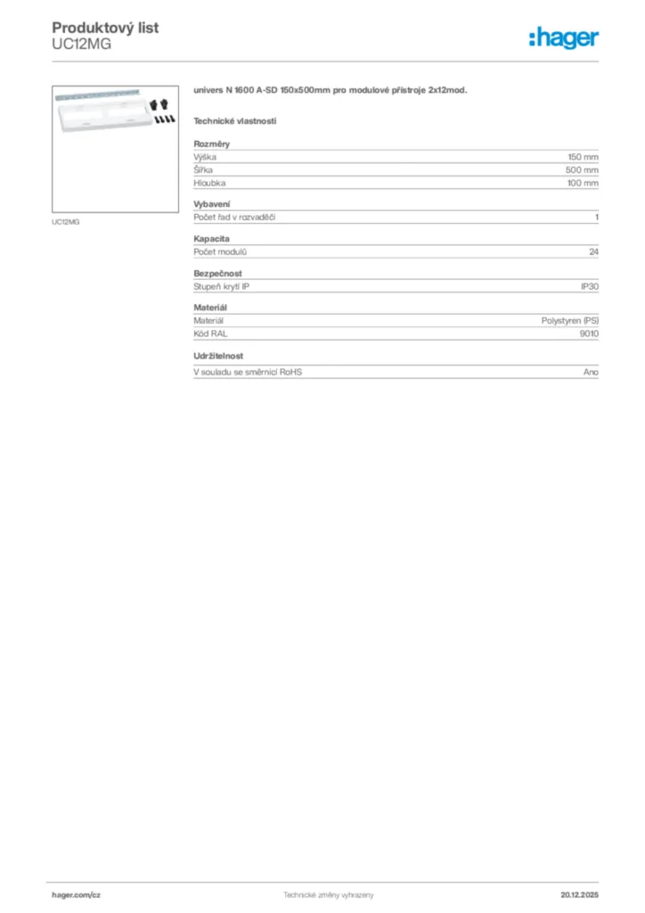 Obrázek Hager Produktový list UC12MG | Hager