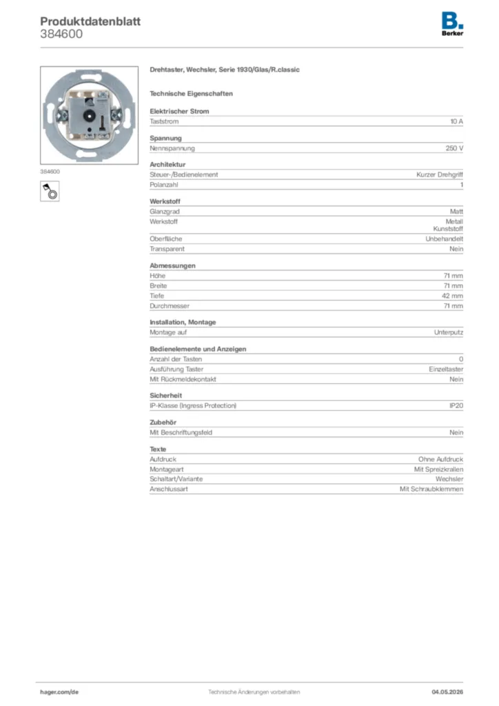 Bild Berker Produktdatenblatt 384600 | Hager Deutschland