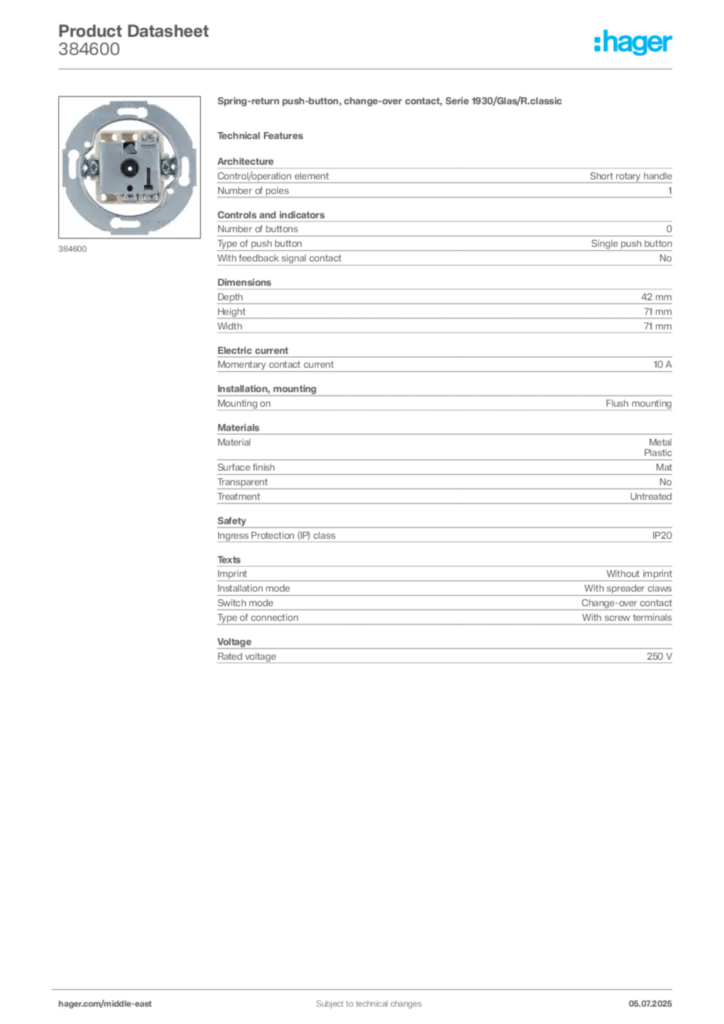 Image Hager Product data sheet 384600  | Hager