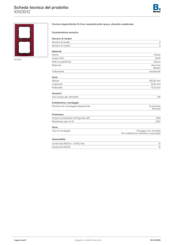 Immagine Berker Scheda tecnica del prodotto 10123012 | Hager Italia