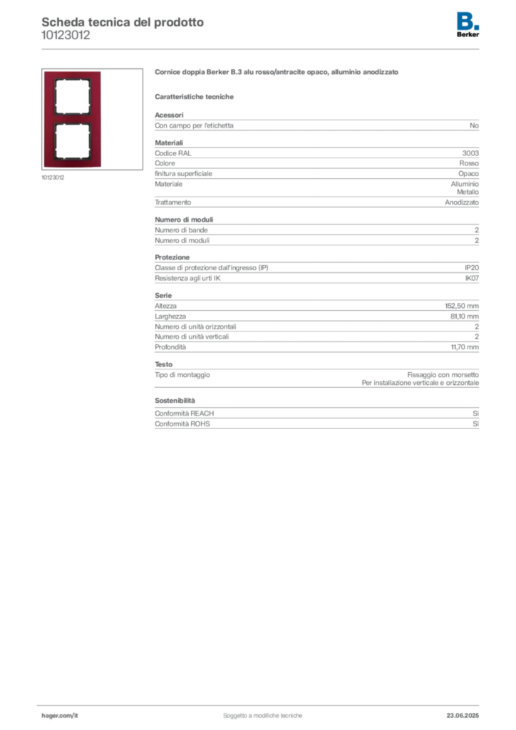 Immagine Berker Scheda tecnica del prodotto 10123012 | Hager Italia