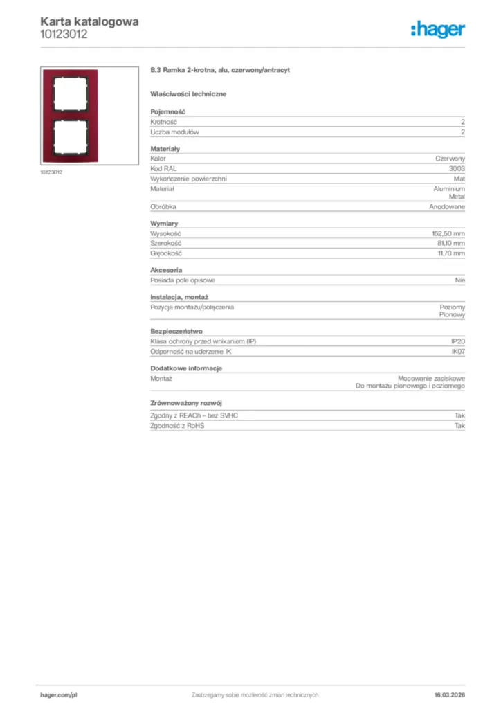 Zdjęcie Hager Karta katalogowa 10123012 | Hager Polska