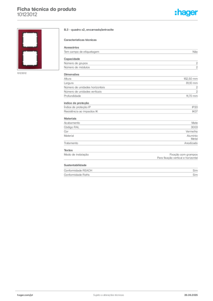 Imagem Hager Ficha técnica do produto 10123012 | Hager Portugal