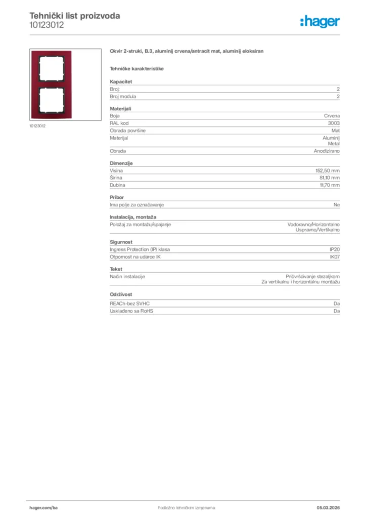 Slika Hager Tehnički list proizvoda 10123012  | Hager