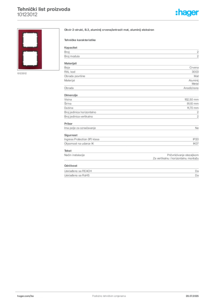 Slika Hager Product data sheet 10123012  | Hager