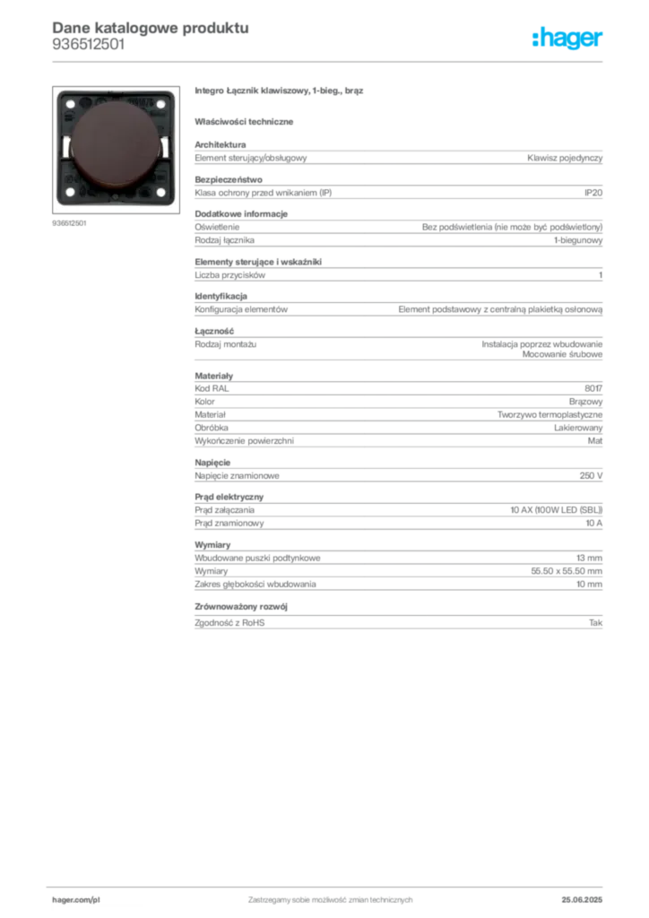 Zdjęcie Hager Karta katalogowa 936512501 | Hager Polska