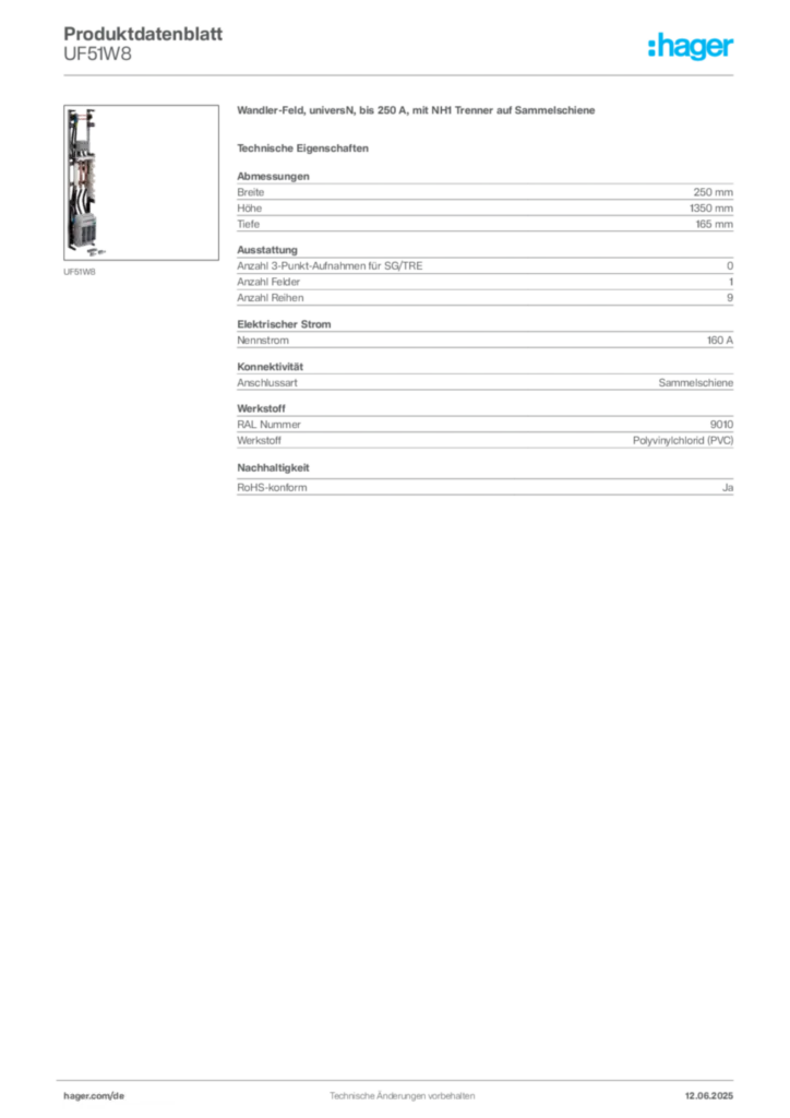 Bild Hager Produktdatenblatt UF51W8 | Hager Deutschland
