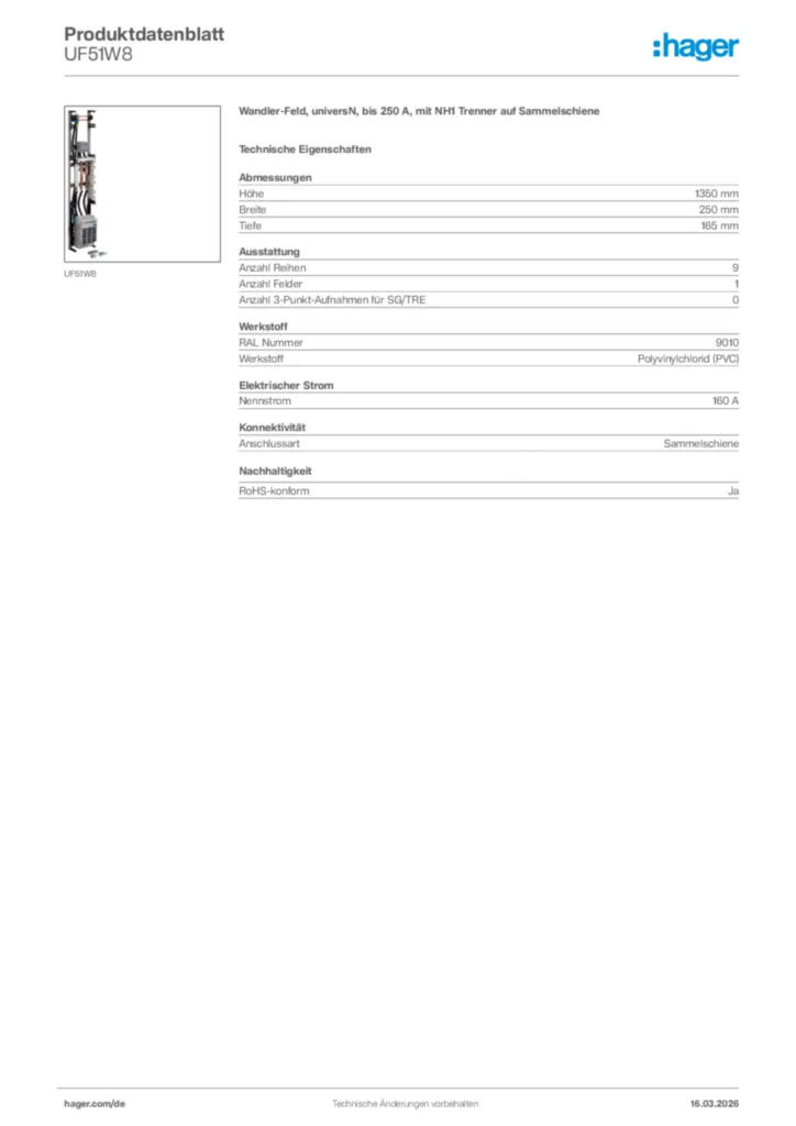 Bild Hager Produktdatenblatt UF51W8 | Hager Deutschland