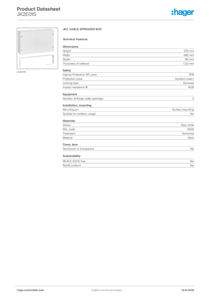 Image Hager Product data sheet JK2E01S  | Hager