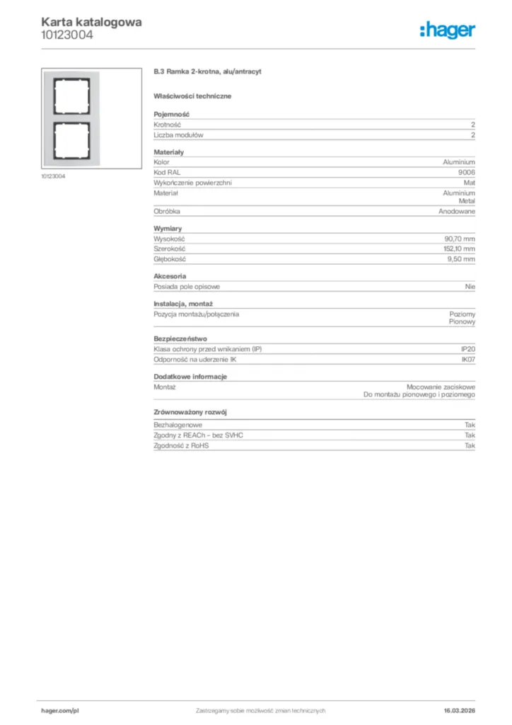 Zdjęcie Hager Karta katalogowa 10123004 | Hager Polska