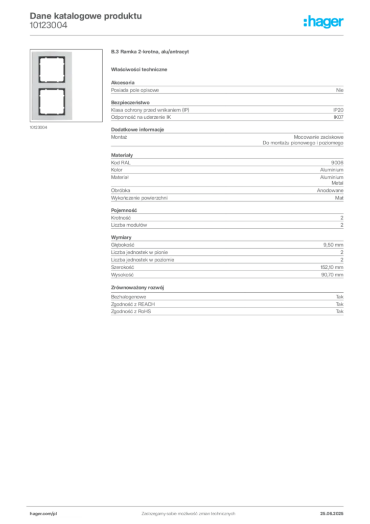 Zdjęcie Hager Karta katalogowa 10123004 | Hager Polska