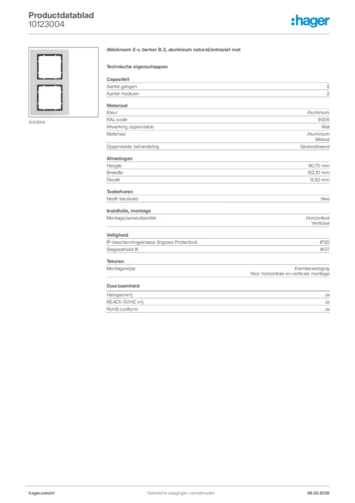 Afbeelding Hager Productdatablad 10123004 | Hager Nederland