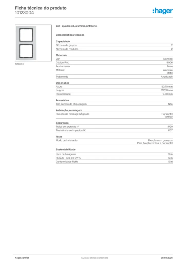 Imagem Hager Ficha técnica do produto 10123004 | Hager Portugal