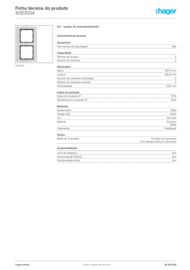 Imagem Hager Ficha técnica do produto 10123004 | Hager Portugal