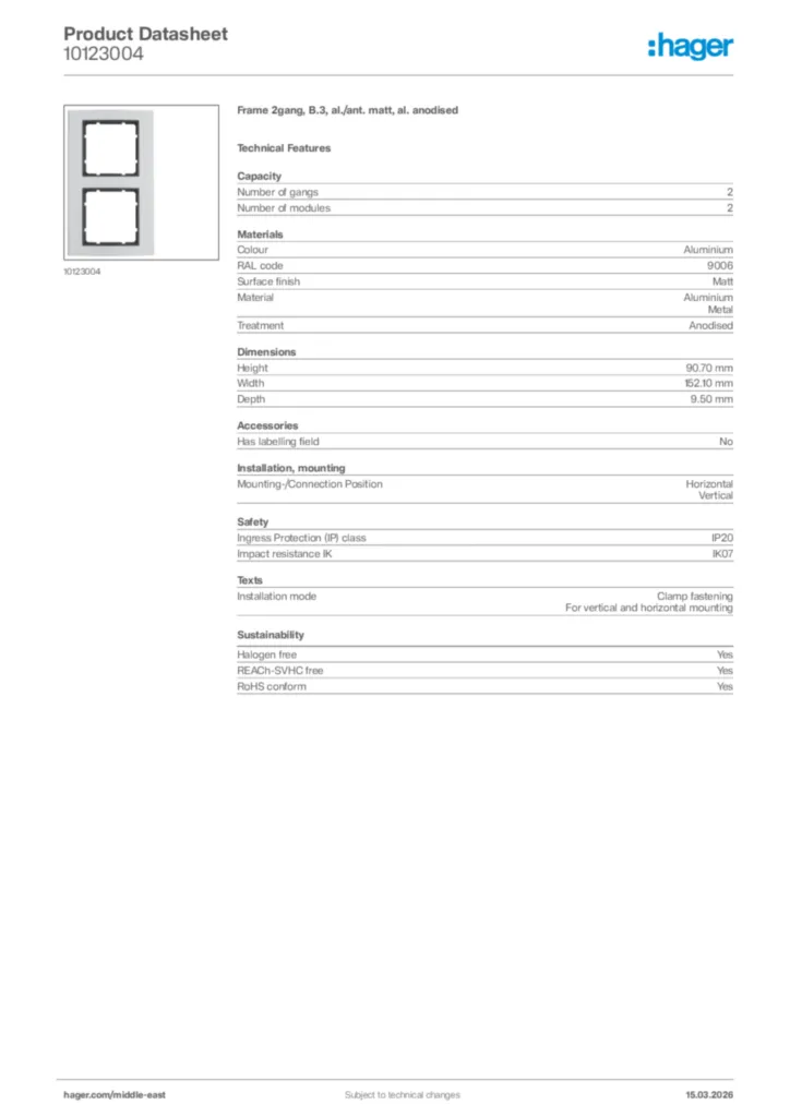 Image Hager Product data sheet 10123004  | Hager