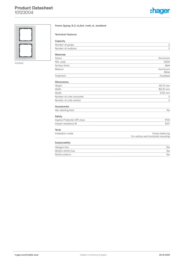 Image Hager Product data sheet 10123004  | Hager