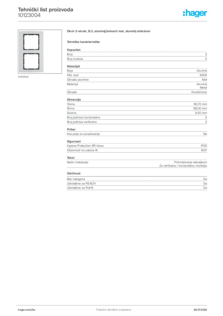 Slika Hager Product data sheet 10123004  | Hager