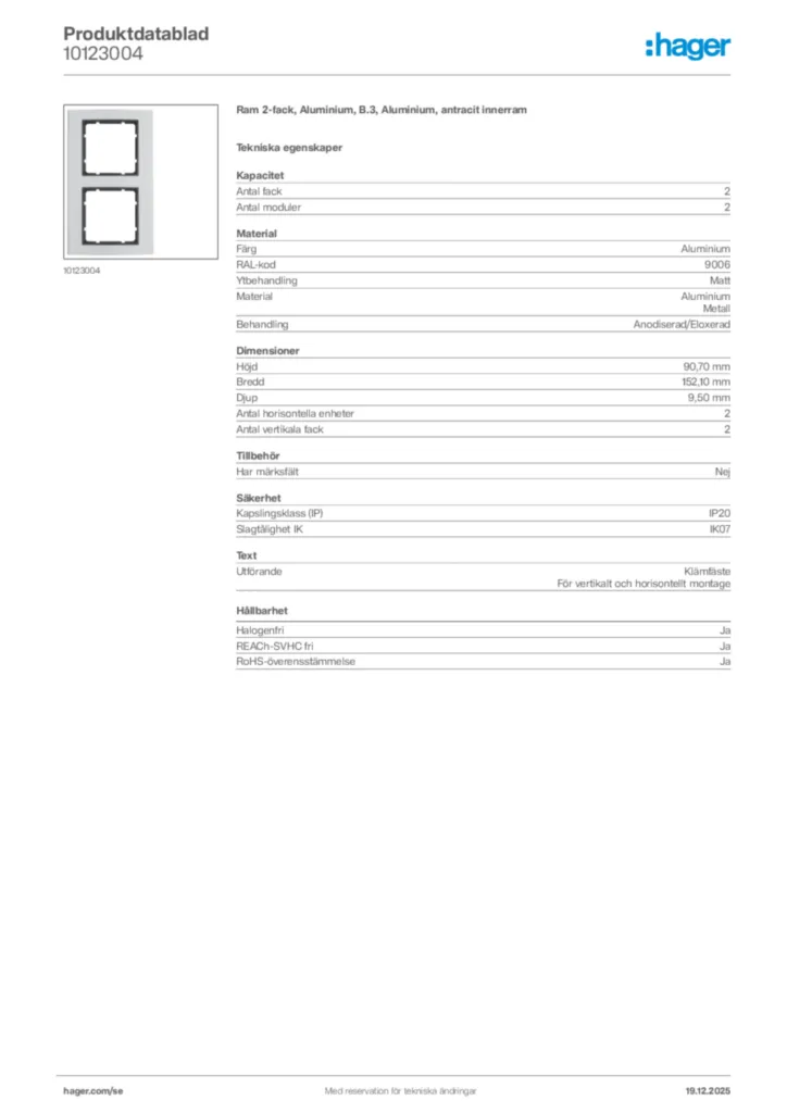 Bild Hager Produktdatablad 10123004 | Hager Sverige