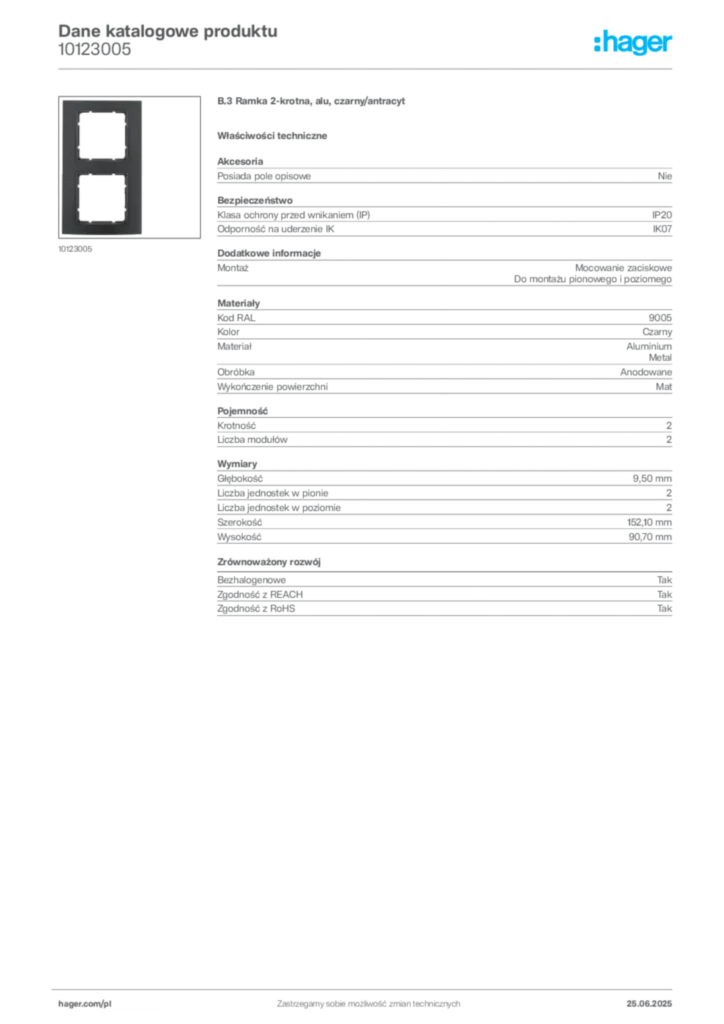 Zdjęcie Hager Karta katalogowa 10123005 | Hager Polska