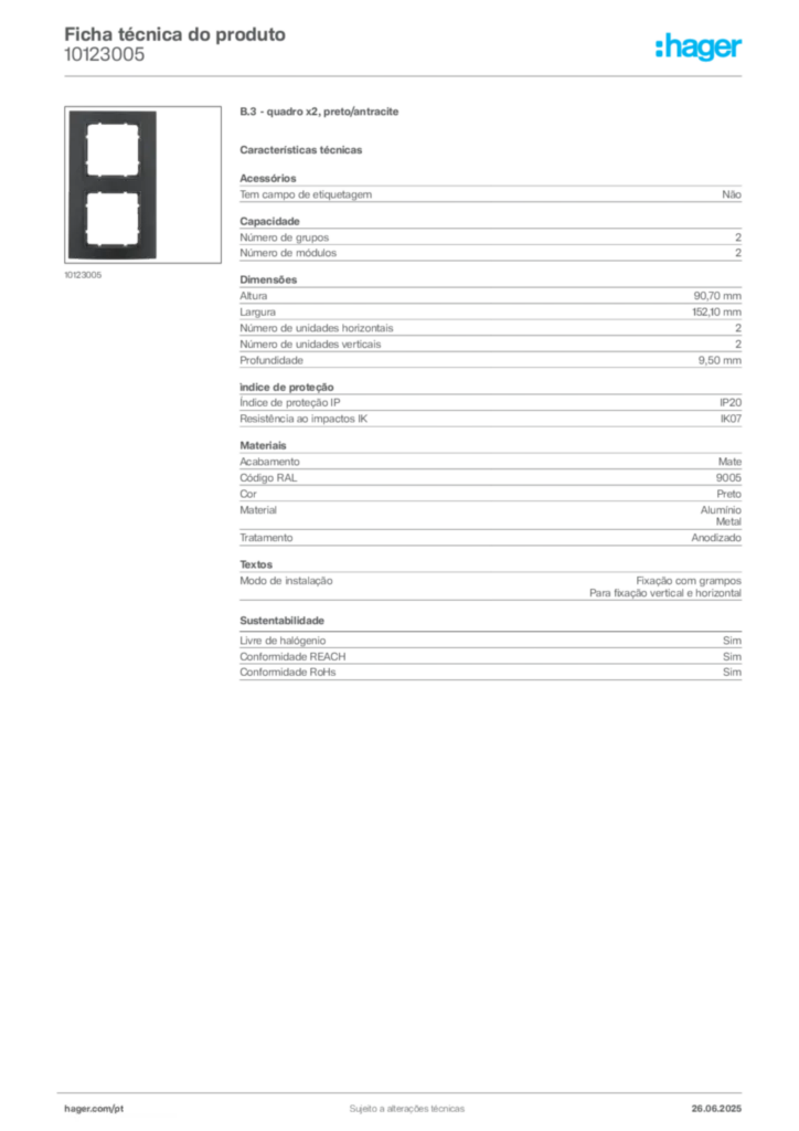 Imagem Hager Ficha técnica do produto 10123005 | Hager Portugal