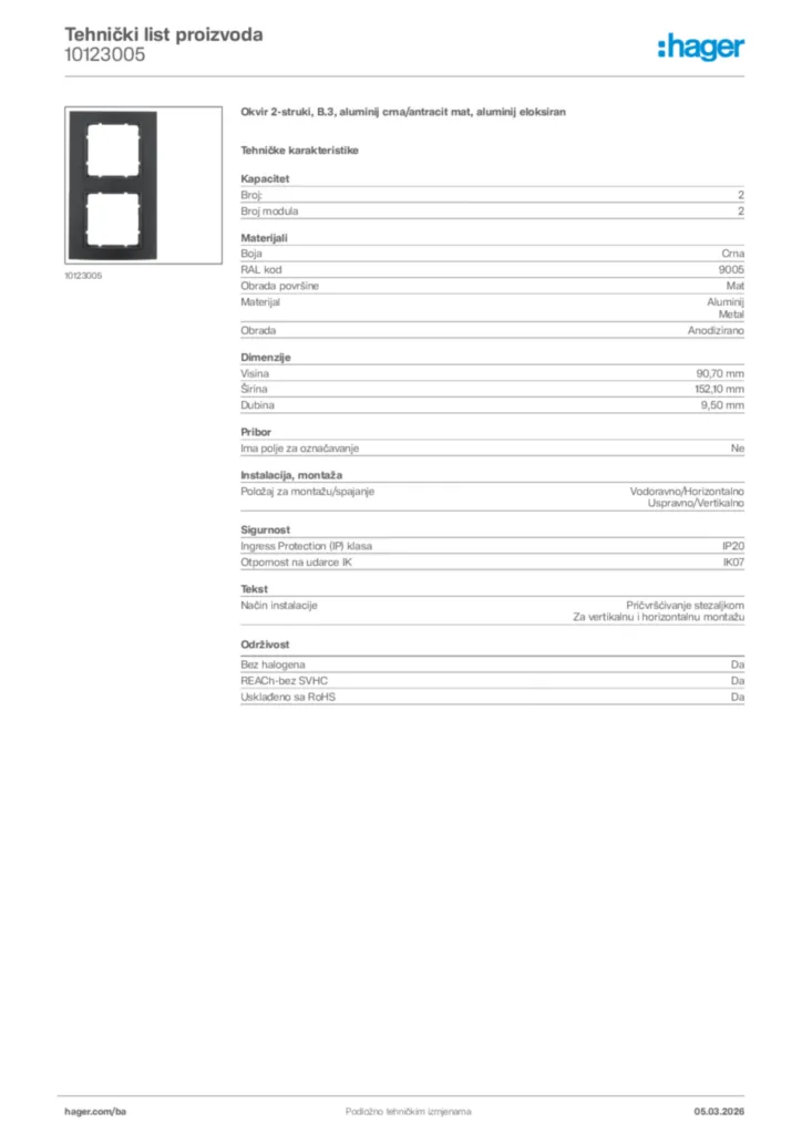 Slika Hager Tehnički list proizvoda 10123005  | Hager