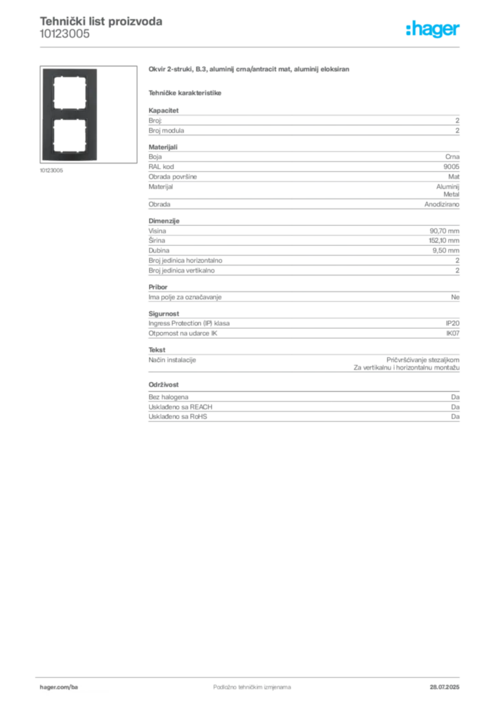 Slika Hager Product data sheet 10123005  | Hager