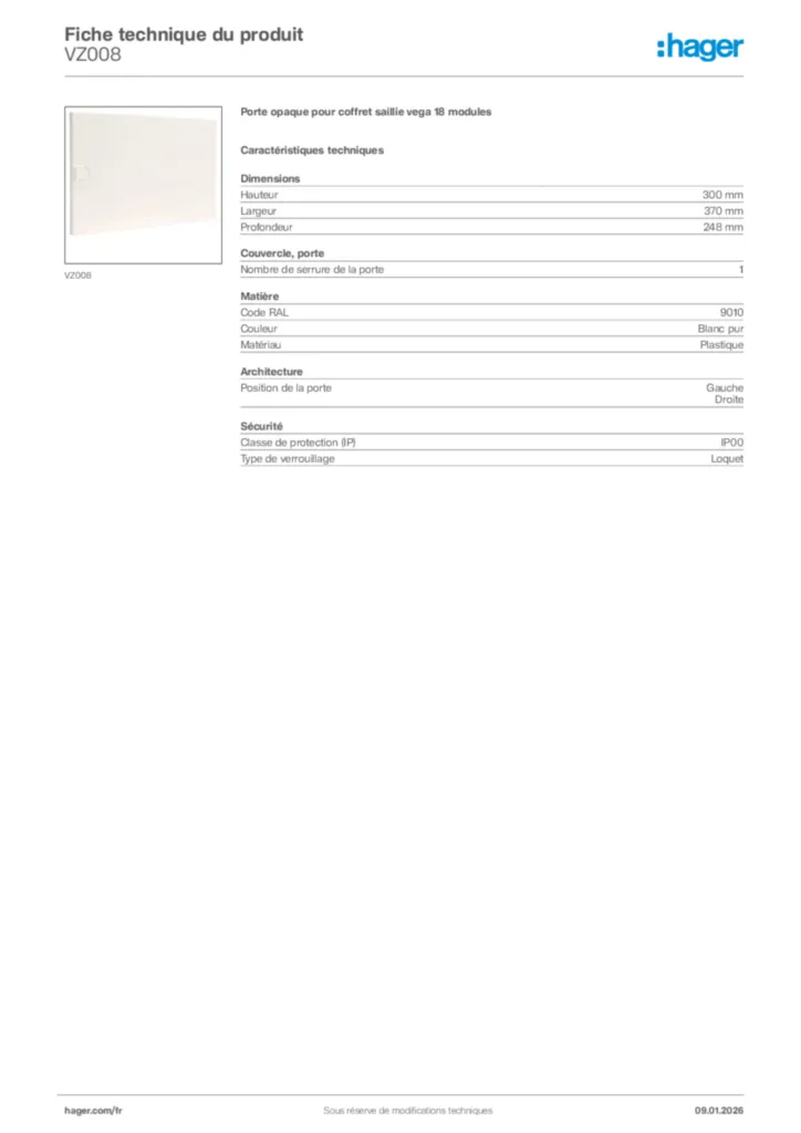 Image Hager Fiche technique du produit VZ008 | Hager France