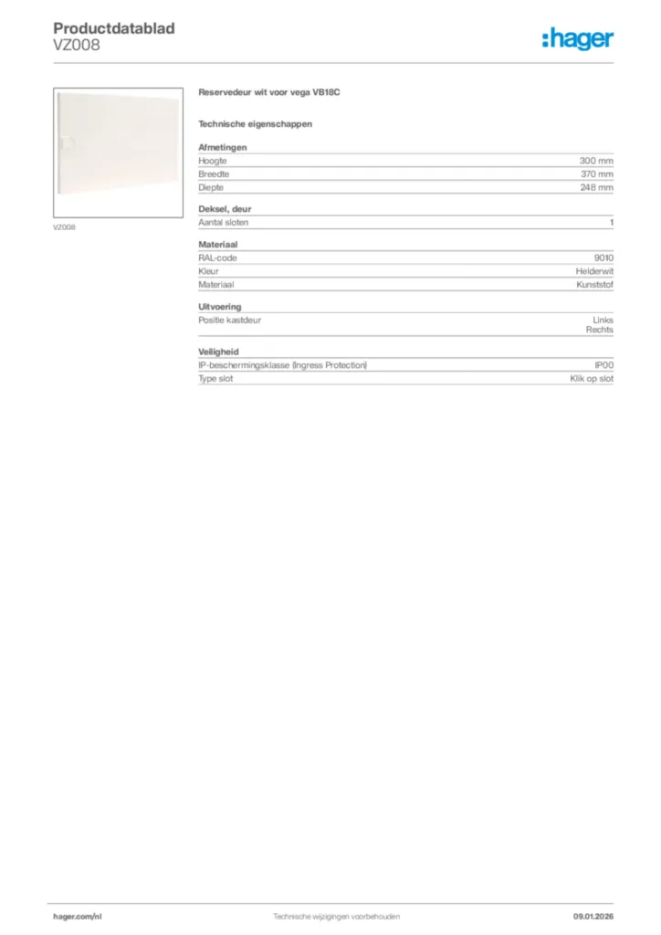 Afbeelding Hager Productdatablad VZ008 | Hager Nederland