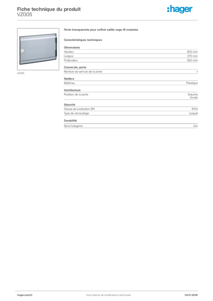 Image Hager Fiche technique du produit VZ005 | Hager France