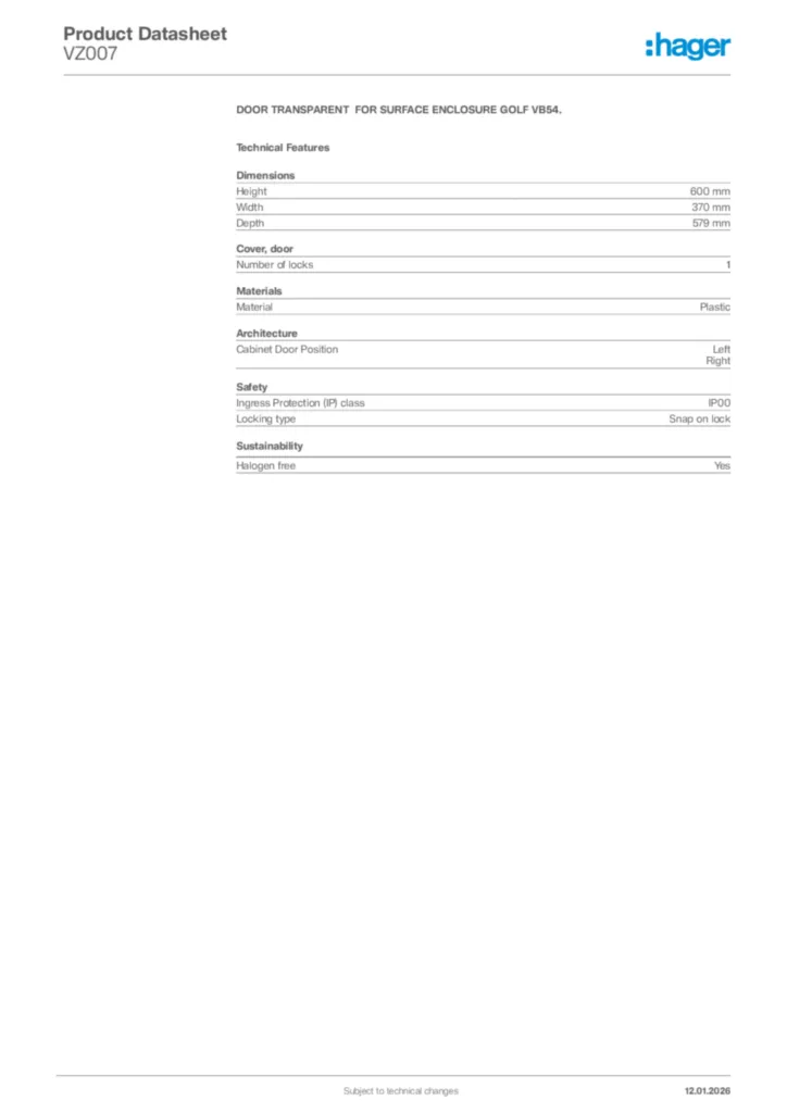 Image Hager Product data sheet VZ007  | Hager Africa